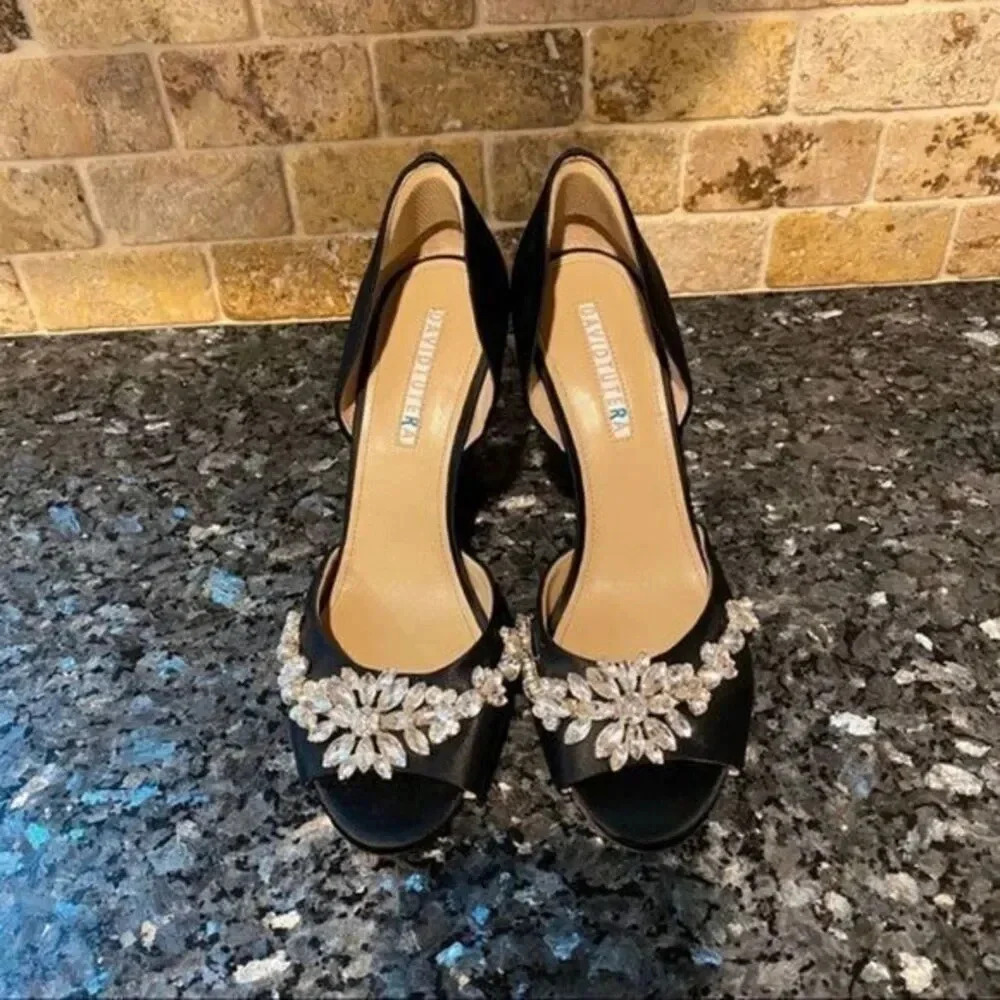 David Tutera Black Satin Crystal Embellished Heels | Size 7.5M

⸻
